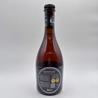 Botella de cerveza artesanal Acertijo Wild Ale Blend con etiqueta ovalada oscura sobre un fondo neutro.