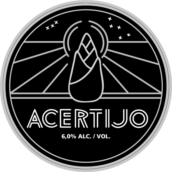 Etiqueta frente de ACERTIJO, una cerveza estilo “wild ale blend” con miel, la fruta eugenia victoriana, y malta de maíz